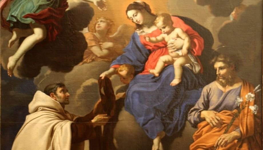 Virgen del Carmen entrega el escapulario a san Simón Stock.